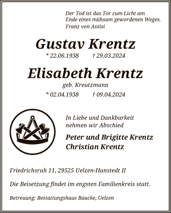 Traueranzeige von Gustav und Elisabeth Krentz von UEL